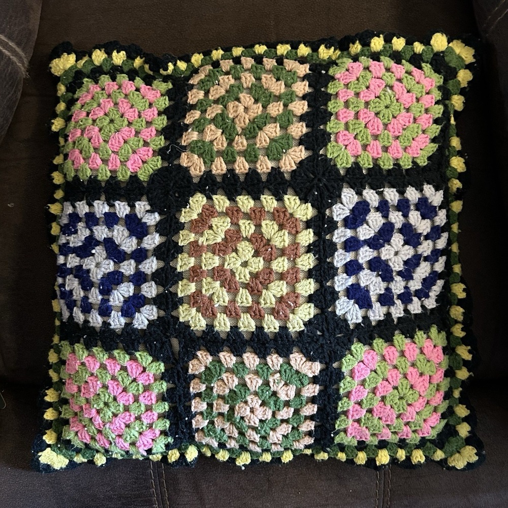 Vintage Charming Handmade Granny Square Crochet Pillow Nostalgic Cottage Style